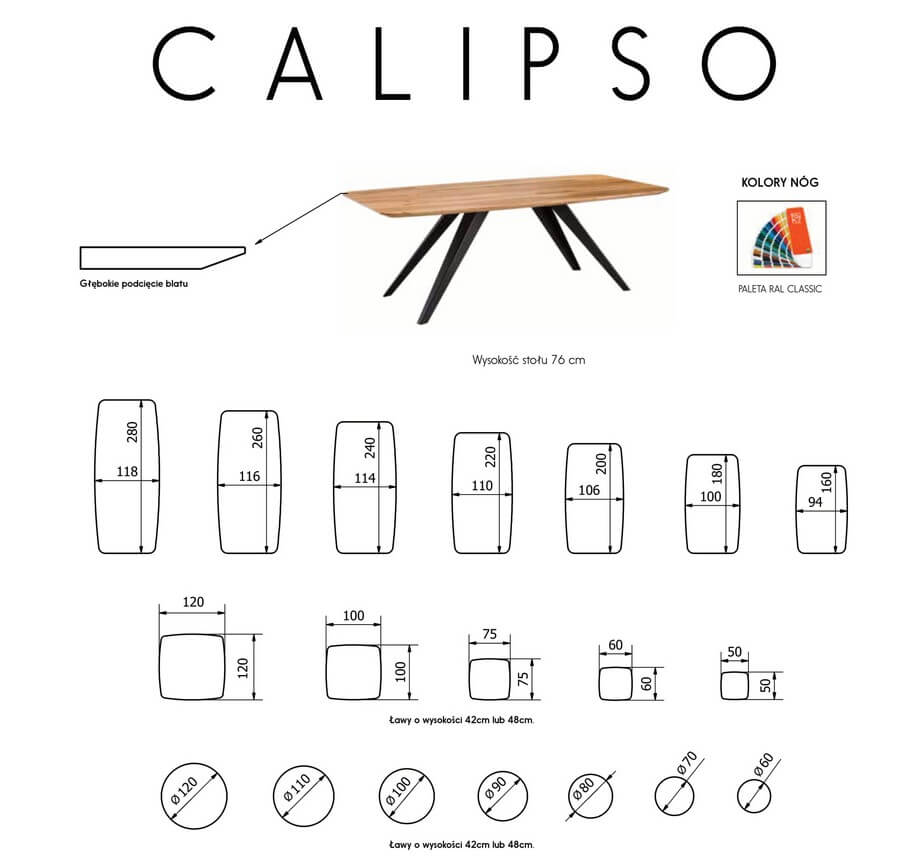 Wymiary blatów stół Calipso